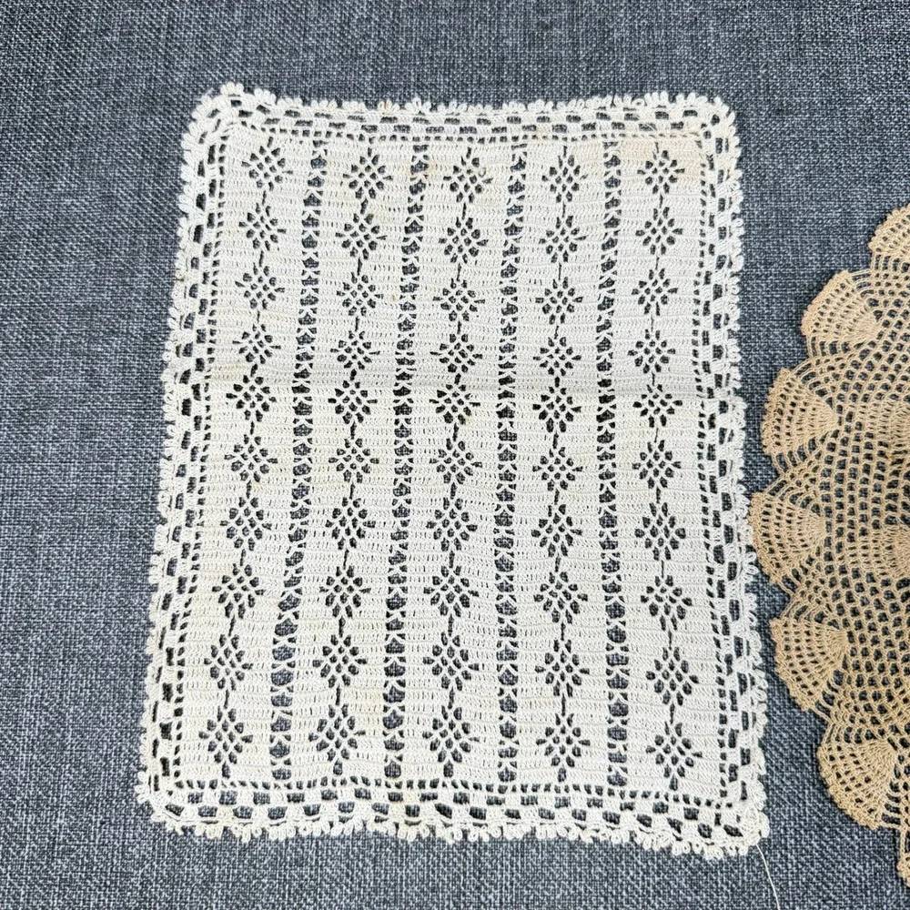 Vintage Handmade Crochet Lace Doily Set 7pc Cream Tan Floral Geometric